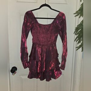 Entro Medium Long Sleeve Metallic Purple Ruffle Tiered Romper